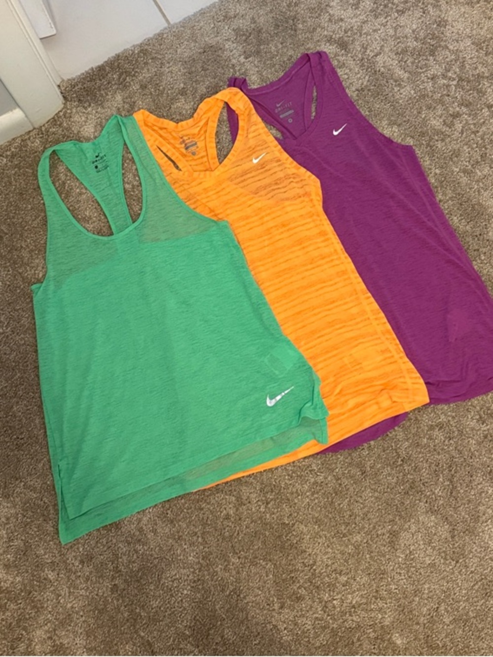 Nike Women Racerback Tank Tops (3)- Green, Orange, Purple